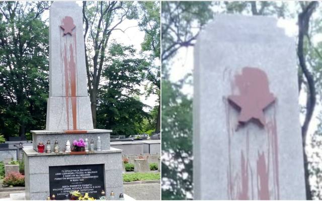 Uszkodzony pomnik żołnierzy radzieckich na cmentarzu w Tarnowie Krzyżu. Ktoś oblał go farbą i próbował oderwać czerwoną gwiazdę