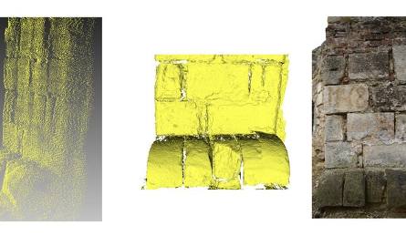 Ruiny zamku w Iłży. Wizualizacja fragmentu chmury punktów oraz modelu 3D wygenerowanego na podstawie pomiarów skanerem światła strukturalnego.
