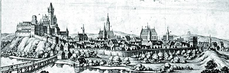 Panorama Cieszyna, miedzioryt Mateusza Meriana z „Topographiae Bohemiae, Moraviae et Silesiae”, Frankfurt nad Menem, 1650 r.