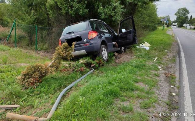 Wypadek na drodze wojewódzkiej pod Krakowem. Samochód wypadł z jezdni, staranował znak drogowy. Były utrudnienia w ruchu