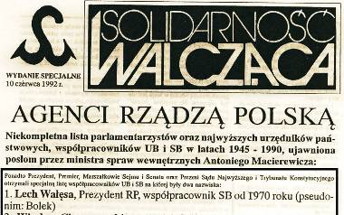 Fragmenty pierwszej strony zredagowanego i wydanego w Poznaniu specjalnego wydania biuletynu „Solidarności Walczącej” z 10 czerwca 1992 roku z oświadczeniem