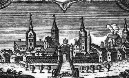 Jeden z najstarszych widoków miasta, z 1780 r., ukazujący Bramę Krośnieńską