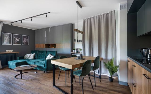 Pomysł na nowoczesnego mieszkanie w stolicy. Modne połączenie salonu i kuchni. Styl loftowy i drewno rządzi we wnętrzu miłośników kotów
