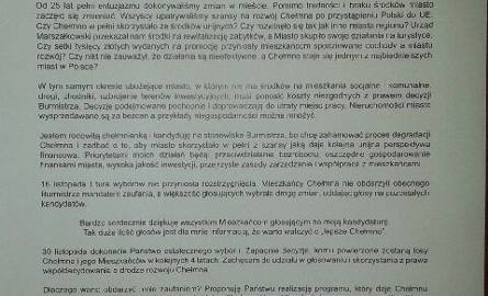 - Tak brudnej i kreciej kampanii jeszcze nie widziałem - mówi burmistrz Chełmna i pokazuje list kontrkandydatki do mieszkańców. - Miałem panią Giżyńską