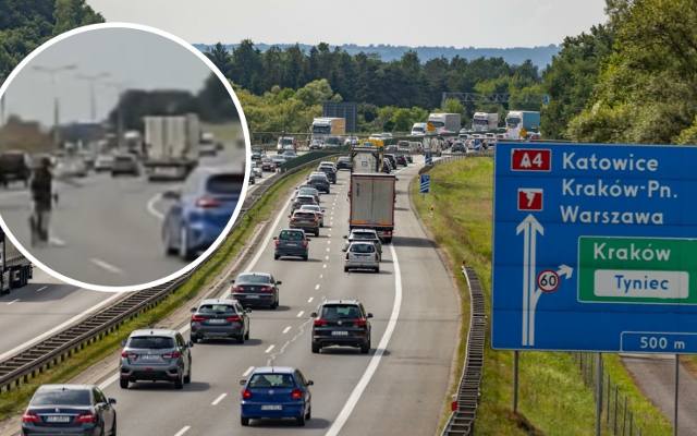 Rowerzysta na autostradzie A4 w Krakowie Balicach. Zajechał drogę kierowcy, mogło dojść do wypadku. Sprawą zajęła się policja