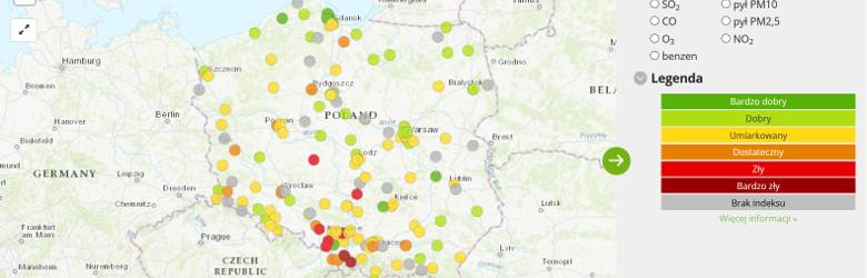 Strona internetowa Głównego Inspektoratu Ochrony Środowiska z przedstawionymi aktualnymi wynikami pomiarów jakości powietrza w Polsce.