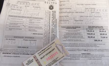 Bilet z karnetu i mandat wypisany p. Laskowskiej przez kontrolerów na trasie do Białego Boru, do przystanku przy fabryce świec