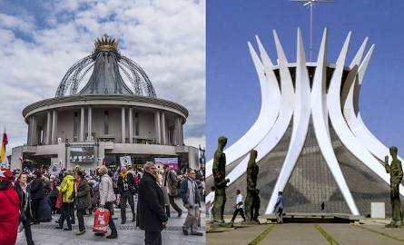 Kościół jak korona. Z lewej  po toruńsku, z prawej - brazylijsku: katedra w Brasilii, Oskara Niemeyera, sprzed pół wieku