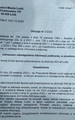 Urząd Miasta Łodzi odmówił odpowiedzi na pytanie, ile wydano z budżetu miasta na organizację hucznych obchodów 600-lecia nadania miastu praw miejski