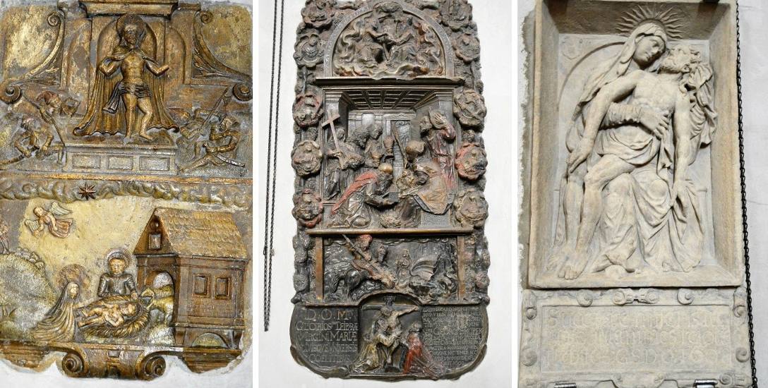 Od lewej. Boże Narodzenie i Zmartwychwstanie widzimy na epitafium Doroty Zubrzyckiej, upamiętnionej przez męża, Joachima Jendriczkę.Najpiękniejsze epitafium