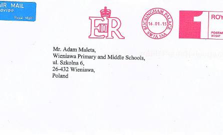 List z pałacu Buckingham, skierowany na ręce Adama Malety, dyrektora Zespołu Szkół Ogólnokształcących w Wieniawie.