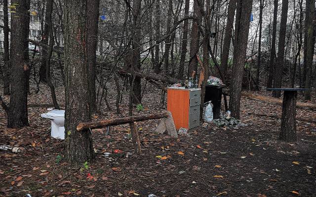 Takiej leśnej imprezowni, jak w Olkuszu, jeszcze nie widziałeś. Mają tam meble, kubeł na śmieci i nawet... toaletę. Zobaczcie zdjęcia