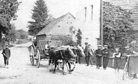 Skrzyżowanie w centrum wsi. Na wozie ciągniętym przez krowy siedzi Adolf Jensch. Pierwszy z prawej stoi kowal