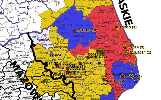 Strefa zagrożenia ASF - tzw. niebieska - na terenie kolejnych gmin woj. podlaskiego 