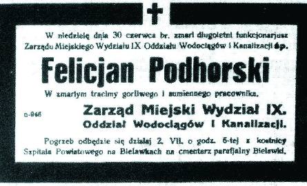 Nekrolog Felicjana Podhorskiego ukazał się w „Kurierze Bydgoskim” w numerze z 3 lipca 1935 r.