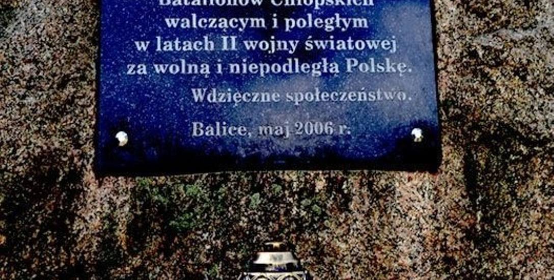 Tablica na pomniku Batalionów Chłopskich w Balicach w gminie Gnojno. Monument został objęty opieką ze strony uczniów Szkoły Podstawowej imienia Marii