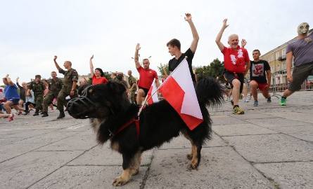 Pies Kajtuś towarzyszący biegaczowi został wyposażony w chorągiewki w barwach narodowych.