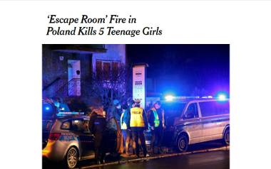 Tragiczny pożar w escape roomie w Koszalinie [4.01.2019] O tragedii w Koszalinie piszą media na całym świecie