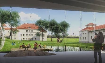 Budynek laboratorium nauki zatopiono w ziemi. Na wizualizacji widok z wnętrza laboratorium na dwór starosty i zamek w Chęcinach.
