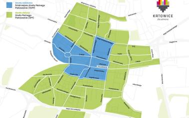 Na niebiesko zaznaczona jest Śródmiejska Strefa Płatnego Parkowania (ŚSPP) w Katowicach. Na zielono zaznaczono Strefę Płatnego Parkowania (SPP)