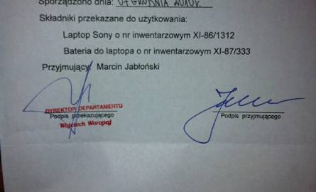 Protokół zdawczy laptopa Sony. Otrzymaliśmy zdjęcie od byłego marszałka Marcina Jabłonskiego.