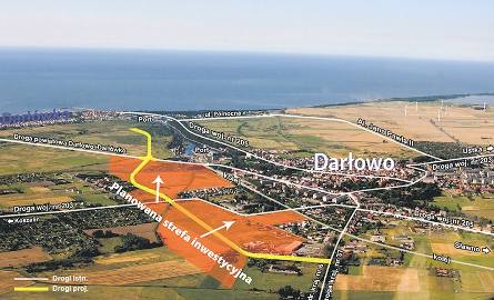 Port w Darłowie z zaznaczonymi nową trasą i strefami rozbudowy.