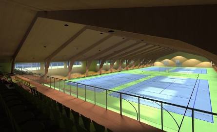 Wizualizacja modernizowanej sali tenisowej. Będzie doprawdy piękna.