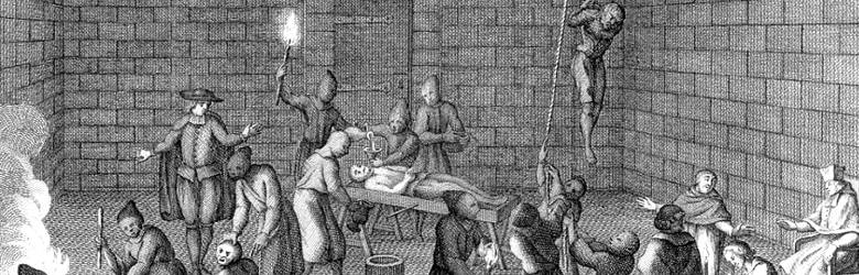 Rycina przedstawiająca kilka metod tortur stosowanych przez hiszpańską inkwizycję we Flandrii w XVI i XVII w.