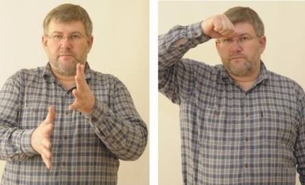 Zdjęcie po lewej przedstawia gest "MIGANIE", obok widzimy gest 'NAZWISKO".