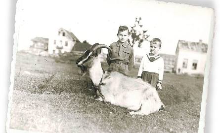 Dzieci z opisywanych rodzin w towarzystwie kozy.