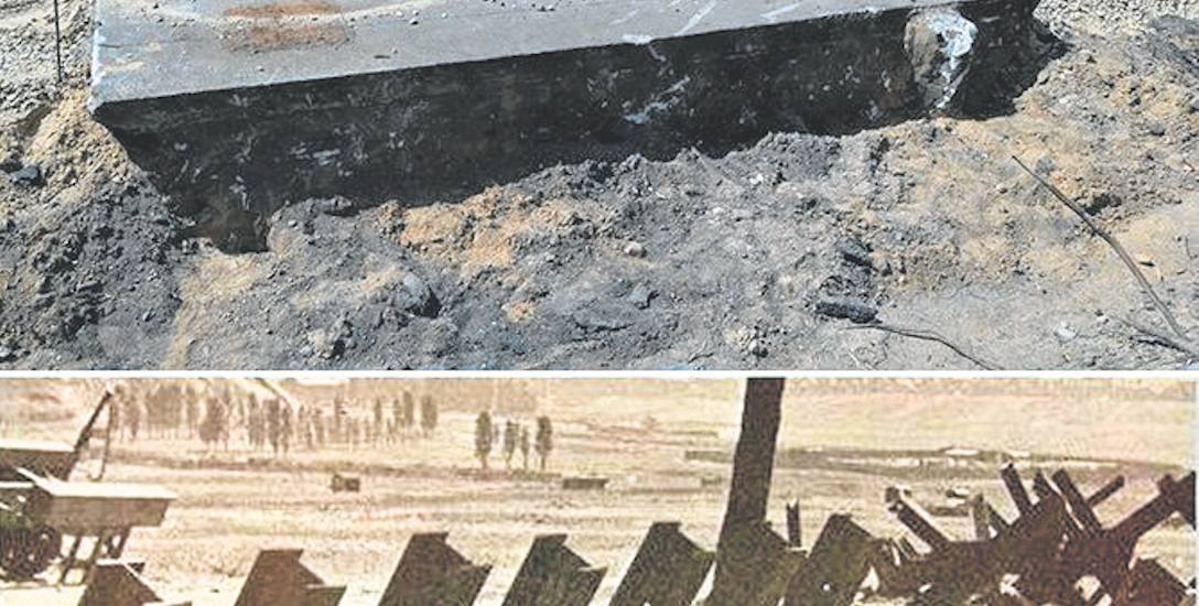 U góry fragment odkrytej zapory przeciwczołgowej, na dole zdjęcie archiwalne - tak wyglądała uzbrojona zapora