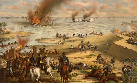 Artystyczna wizja bitwy w zatoce Hampton Roads.
