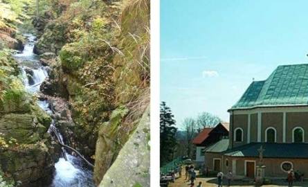 Od lewej: wodospad Wilczki i Sanktuarium Matki Bożej Śnieżnej