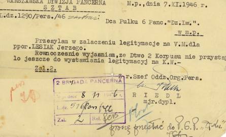 Zaświadczenie ze sztabu Warszawskiej Dywizji Pancernej z 7 listopada 1946 r.