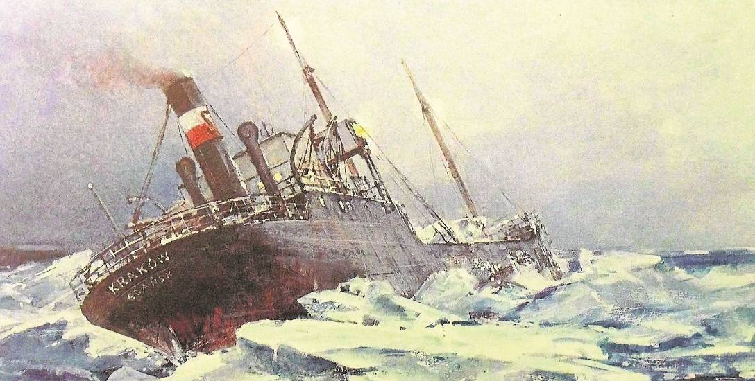 Statek „Kraków” zgniatany przez lód. Ilustracja malarza marynisty Adama Werki
