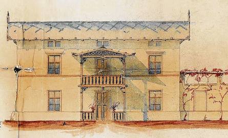 Projekt domu Alberta Lohmeyera  z lat 70. XIX wieku. Widok z boku, od strony wschodniej
