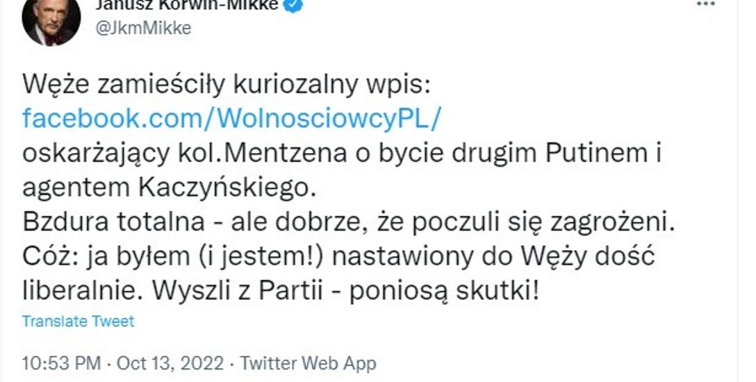 Wojciech Machulski, rzecznik partii KORWiN: "Nazwa 'Węże' wzięła się od absurdalnego powodu, jaki podali Wolnościowcy, odchodząc z partii KORWiN