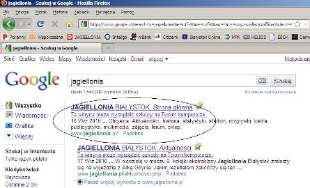Wyszukiwarka google też przestrzega przed wchodzeniem na jagiellonia.pl