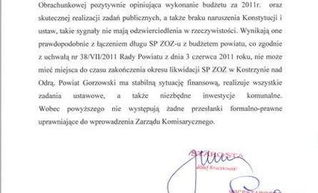 Treść oświadczenia, wysłana przez zarząd powiatu gorzowskiego do mediów.