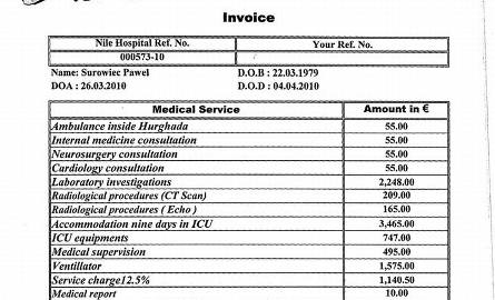 Skan faktury z Egipckiego szpitala, który pokazuje ogrom kosztów związanych z hospitalizacją (15 537,50 Euro).