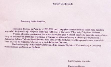 List ze zgodą napisany przez Katarzynę Herbertową