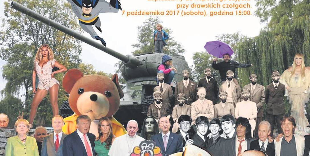 Stowarzyszenie Przyjaciół Drawska „Meander“ w humorystyczny sposób zaprosiło mieszkańców Drawska do wspólnego zdjęcia na tle  czołgów