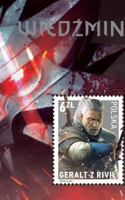 Wiedźmin Geralt z Rivii na znaczku pocztowym. Znaczek wypuściła Poczta Polska 