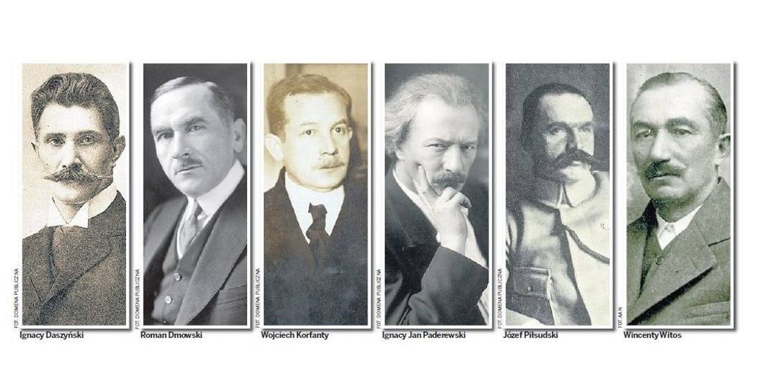 Ojcowie niepodległej Polski: Piłsudski, Dmowski, Paderewski, Witos, Korfanty i Daszyński