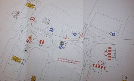 Mapa utrudnień drogowych związanych z przebudową skrzyżowania ulic Szerokiej, Piłsudskiego i Targowej.