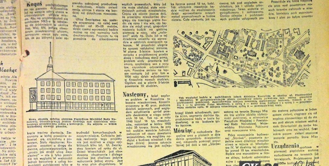 Strona  z „Głosu Koszalińskiego” z roku 1955, na której możemy przeczytać, jak wtedy wyobrażano sobie rozwój Koszalina