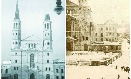 Kościół po demontażu jednego z hełmów oraz moment wysadzenia wieży