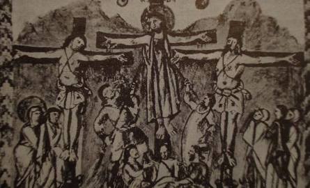 Obraz z jednego ze wczesnośredniowiecznych kodeksów - Chrystus na krzyżu ubrany w tunikę, atrybut władcy.