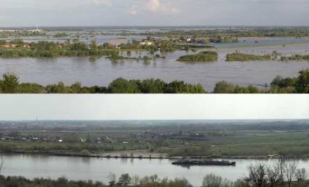Panorama Sandomierza w czasie powodzi i dziś.