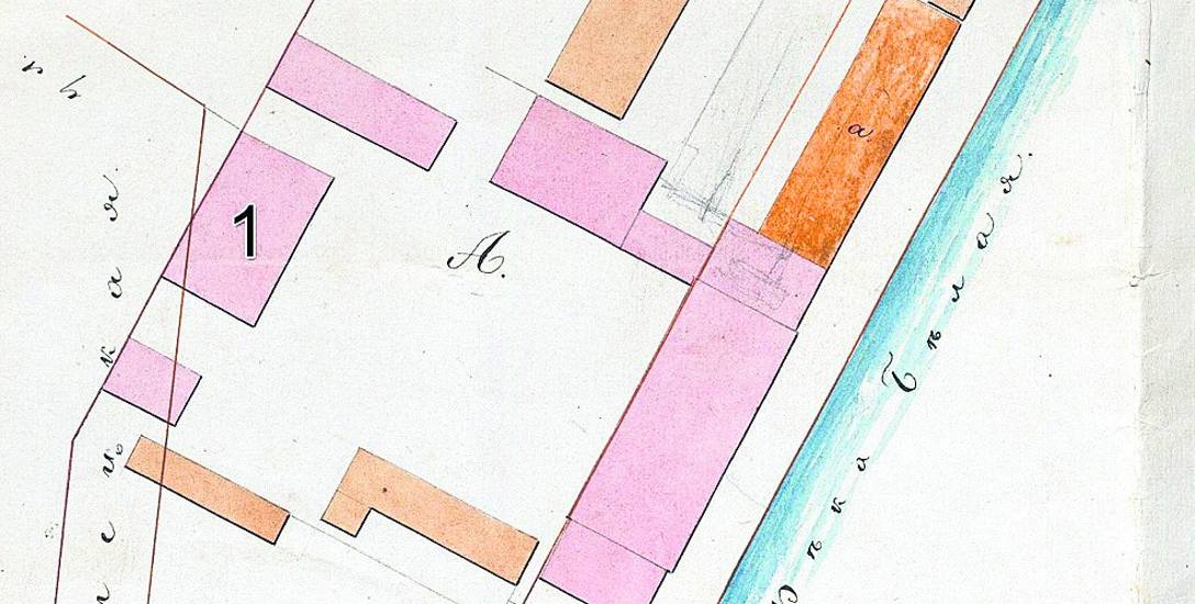 Gdy w 1876 r. nieruchomość wykupił Frydrych Frisch, stał na niej oprócz Pałacyku Gościnnego (1) szereg budynków fabrycznych, które w kolejnych latach